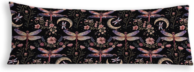 Exqcom Vintage Moody Dark Floral Dragonfly Moon Body Pillow Cover 20x54, Dark Academia Cottagecore Gothic Witchy Bee Long Body Pillow Case Cover with Hidden Zipper for Sofa Bed Bedroom Living Room - Image 1